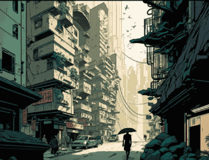 以日本漫畫家「大友克洋」風格所生成的香港街道。