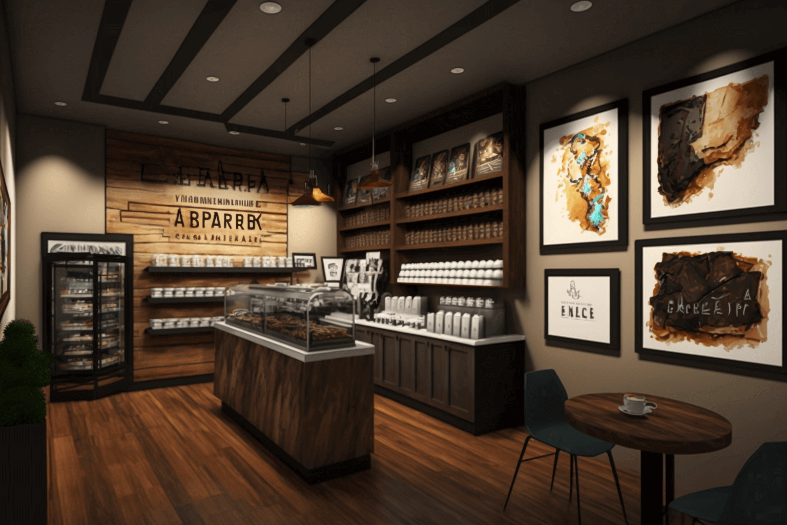 以未來第四波專業咖啡廳為主，使用Midjourney生成咖啡廳各區域圖像，作為輔助設計師在商業空間設計案的全區域設計參考，此圖為零售區域。