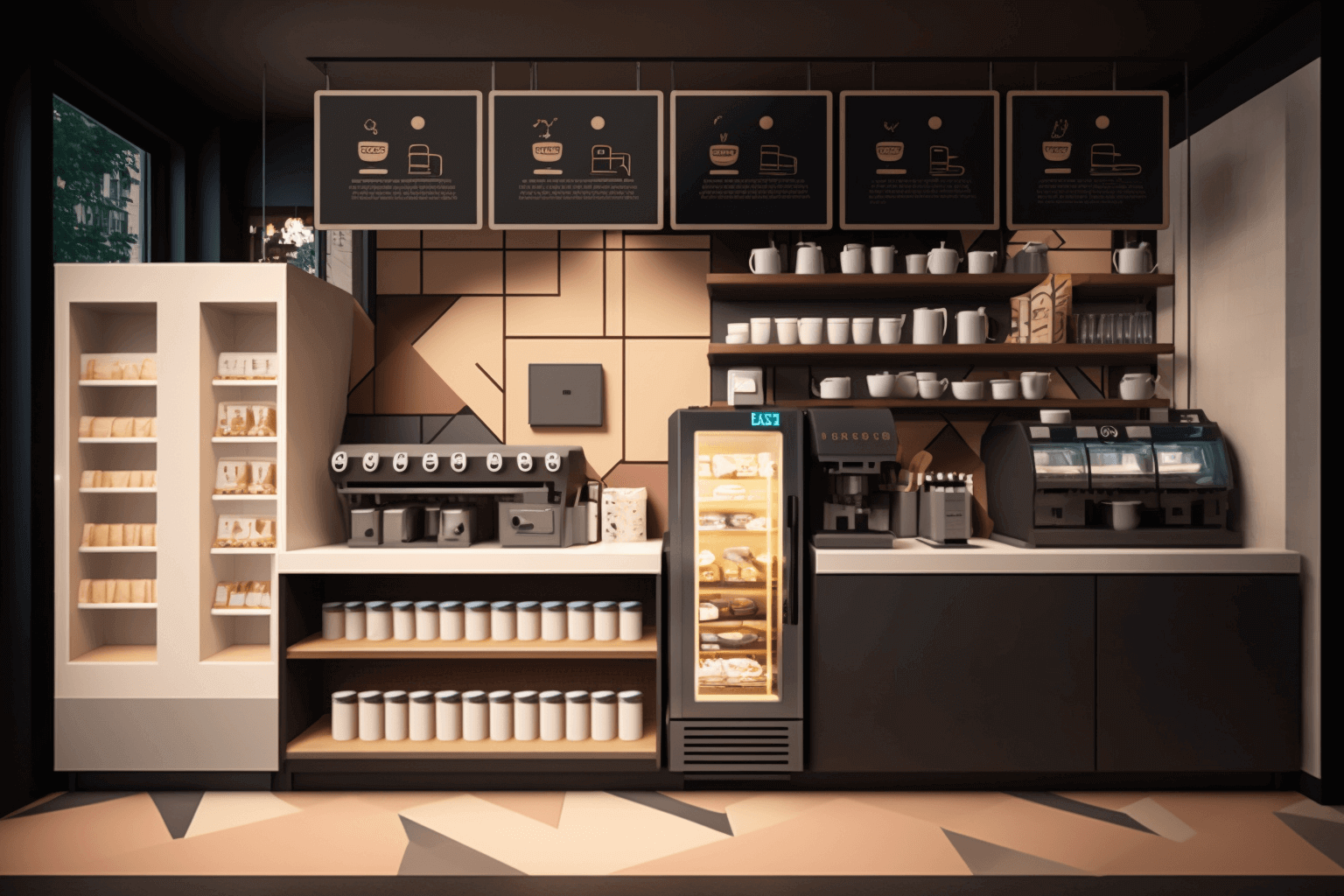 以未來第四波專業咖啡廳為主，使用Midjourney生成咖啡廳各區域圖像，作為輔助設計師在商業空間設計案的全區域設計參考，此圖為咖啡製作區域。